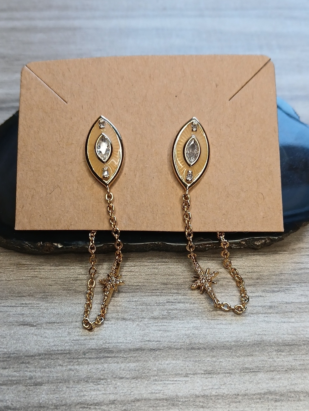 Gold Marquise Drop Chain Earrings with Crystal Accents